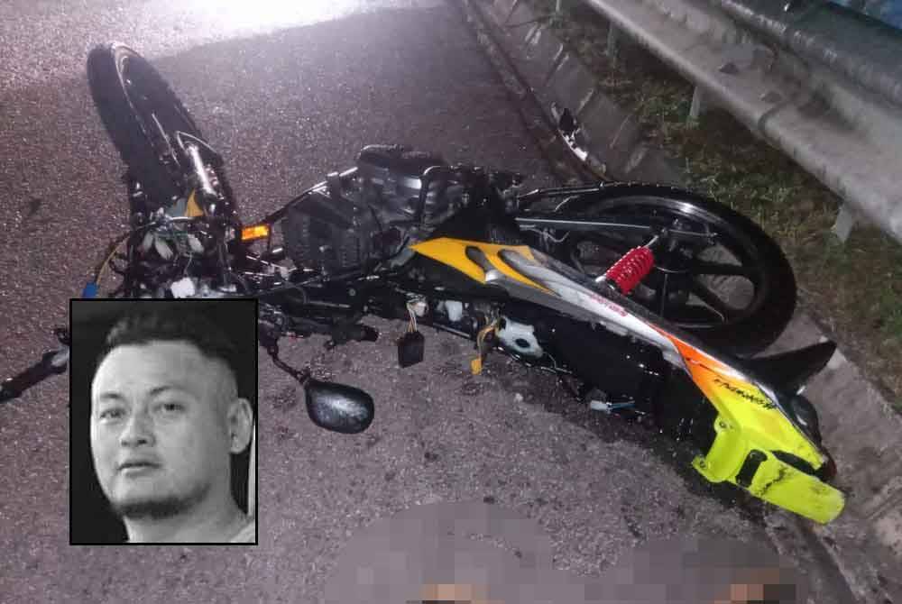 Keadaan motosikal mangsa selepas terlibat dalam kemalangan pada malam Sabtu. Gambar kecil: Mohd Rasis