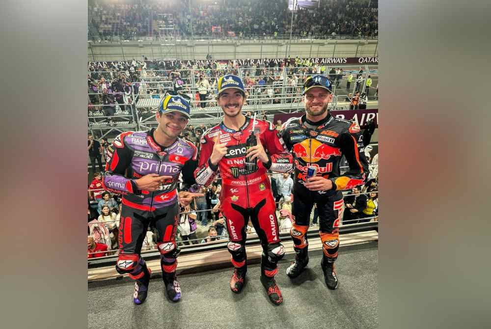 Dari kiri: Martin, Bagnaia dan Binder penamat podium di MotoGP Qatar. Foto Agensi