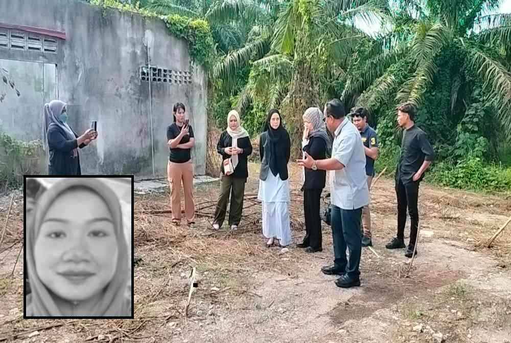 Keluarga Bella dan peguam pemerhati melawat lokasi penemuan sebahagian tulang di Kampung Batu 7, Tongkang Pechah, pada Isnin. Gambar kecil: Bella