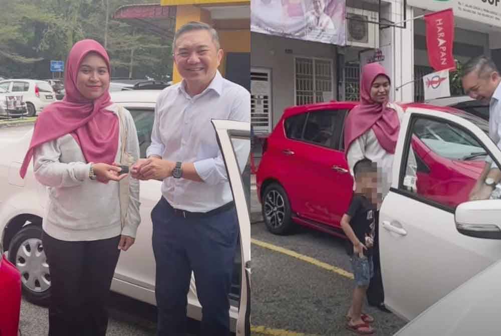 Sze Han (kanan) menyerahkan kunci kereta Proton Saga terpakai untuk kegunaan Nora sekeluarga.