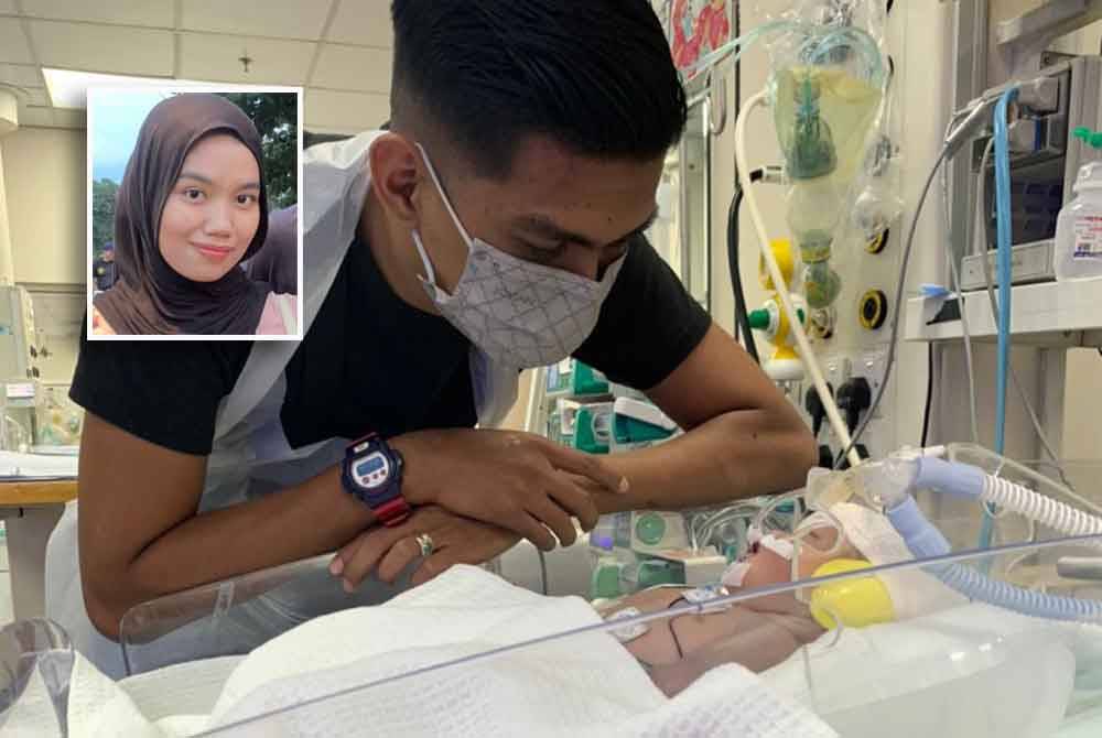 Mohammad Faez melawat bayinya ketika dirawat di NICU Hospital Ampang, Selangor. (Gambar kecil: Nur Amirah Radhiah)