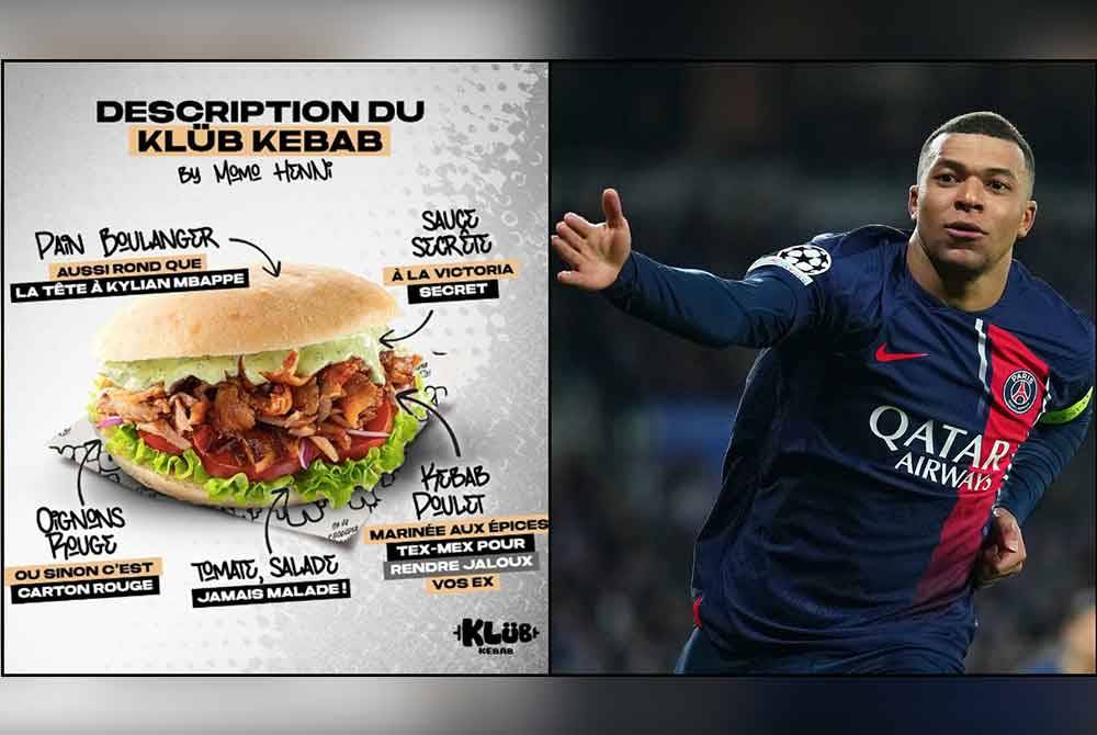 Menu kebab yang menggunakan nama Mbappe dimuat naik oleh pemilik kedai yang juga pempengaruh Perancis, Mohamed Henni. - Agensi