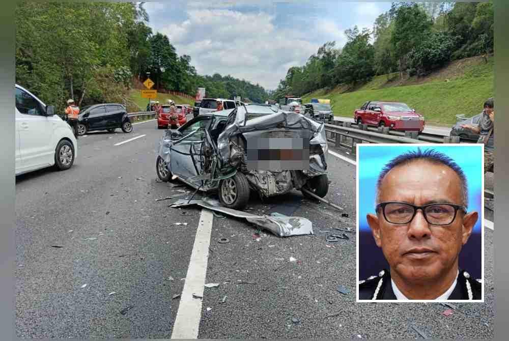 Sebuah kereta mengalami kerosakan teruk dalam kemalangan melibatkan lima kenderaan di Gopeng baru- baru ini. Foto ihsan Bomba Perak. Gambar kecil: Mohd Azman