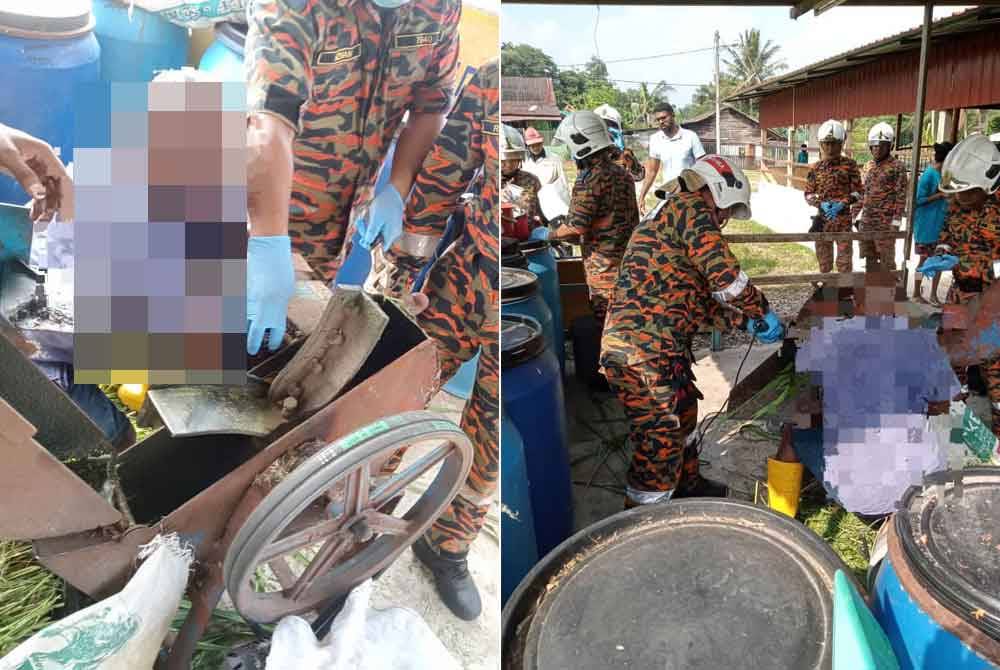 Seorang penternak cedera parah setelah tangan kirinya tersepit di dalam mesin shreader menghancurkan rumput untuk makanan lembu dalam kejadian di Jalan Kampung Samy, Tapah, petang Jumaat. Foto JBPM Perak