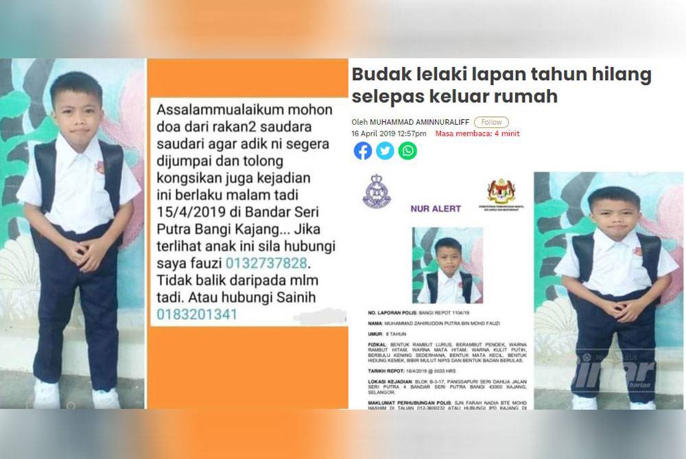 Kiri: Gambar Zahir yang di muat naik Mohd Fauzi di akaun Facebook miliknya. Kanan: Zahir sebelum ini dilapor hilang selepas keluar dari rumahnya di Pangsapuri Seri Dahlia, Bandar Seri Putra, Kajang untuk bermain pada 15 April 2019.