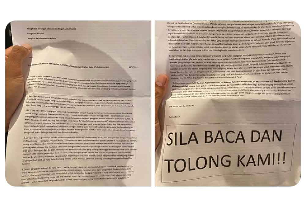 Surat layang yang tular di media sosial mendakwa, seorang doktor lelaki telah mengganggu secara seksual beberapa doktor pelatih wanita di HRPB, Ipoh.