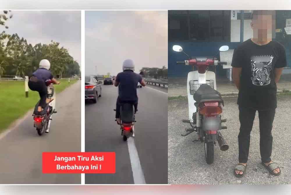 Tangkap layar aksi seorang penunggang motosikal melakukan pelbagai aksi berbahaya di Lebuhraya Utara-Selatan (PLUS) Oktober 2023 lalu. Suspek diberkas selepas aksinya menunggang motosikal tular di media sosial pada Sabtu.