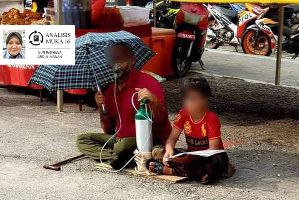 Warga asing yang tular meminta sedekah dengan bermodalkan sebuah tong oksigen ditemani seorang kanak-kanak.