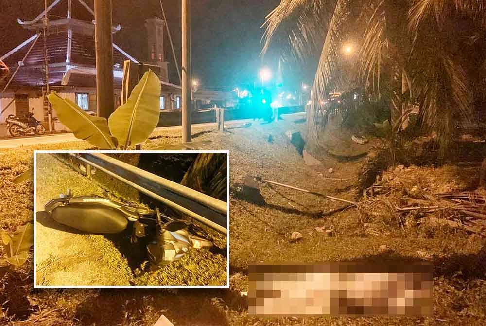 Mangsa disahkan meninggal dunia di lokasi kejadian. Foto kecil: Keadaan motosikal yang ditunggang mangsa.