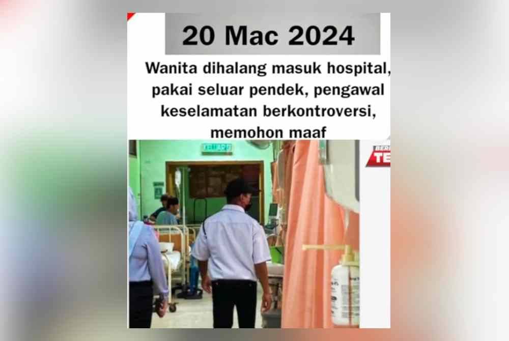 Tangkap layar berita yang tular dalam media sosial berkenaan seorang wanita tidak dibenarkan berjumpa doktor di HSA Johor Bahru pada Rabu kerana memakai seluar pendek