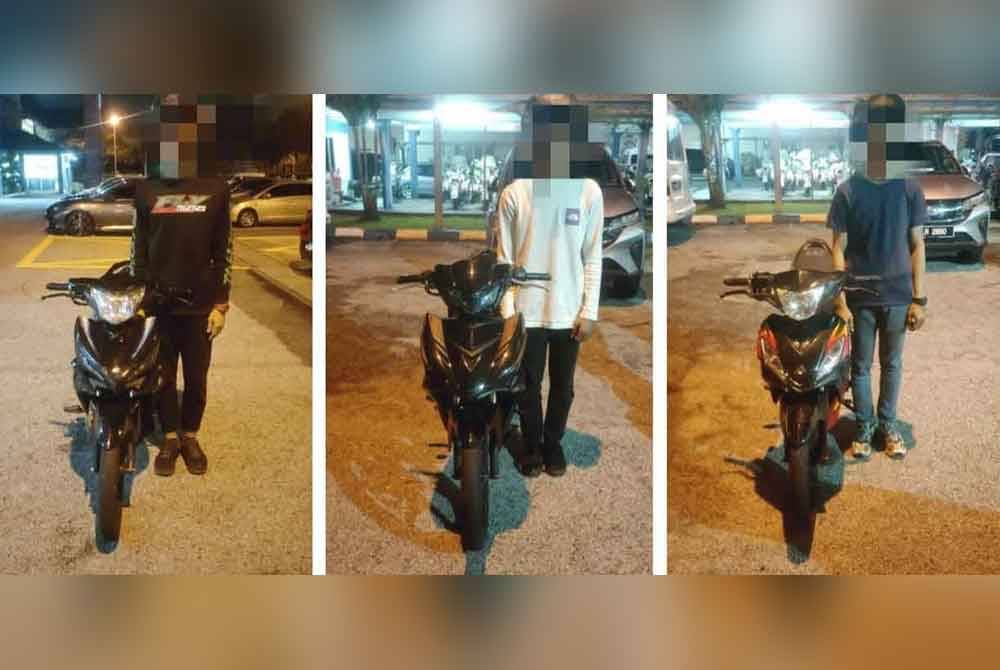 Tiga daripada lima penunggang motosikal yang ditahan dalam Op Samseng Jalanan di Seremban, Negeri Sembilan pada Khamis.