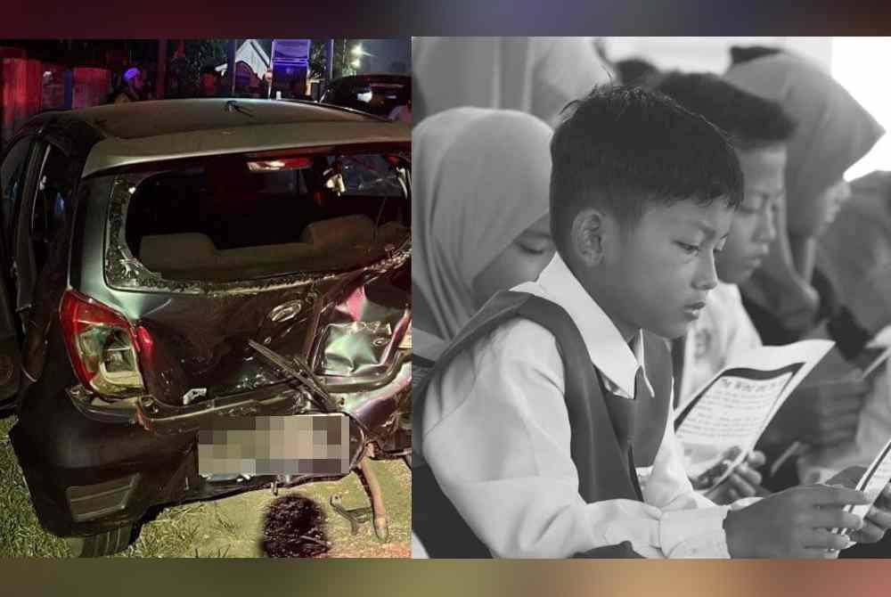 Keadaan Perodua Axia dinaiki mangsa selepas dirempuh sebuah Proton Wira dalam kejadian malam Rabu. Gambar kanan: Allahyarham Muhammad Wafiyuddin. Foto Ihsan media sosial.