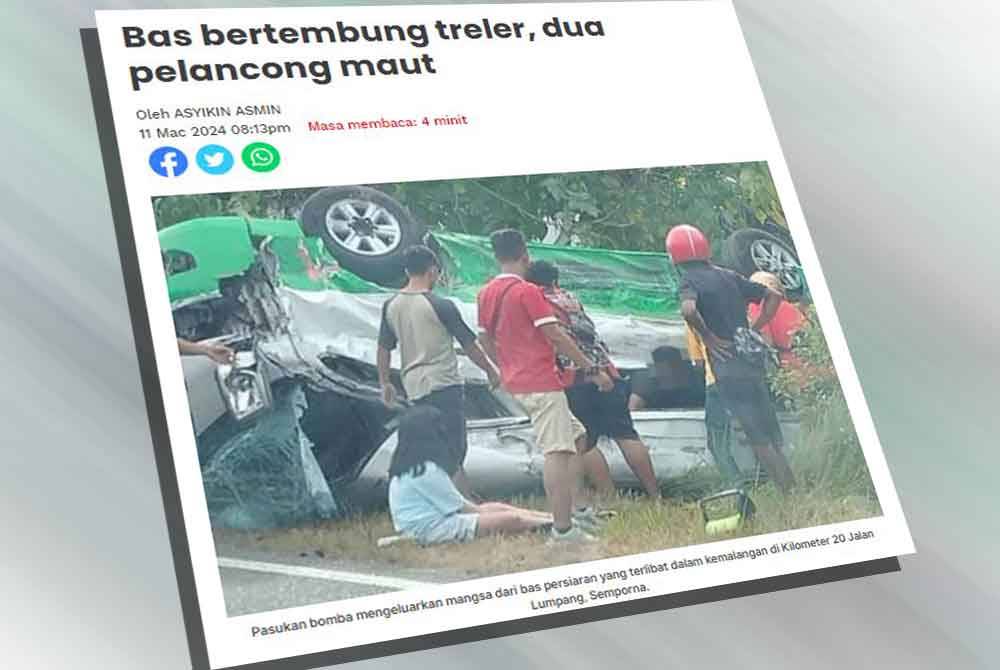 Kemalangan yang dilaporkan berlaku di Kilometer 21 Jalan Semporna-Tawau, pada 11 Mac lalu.