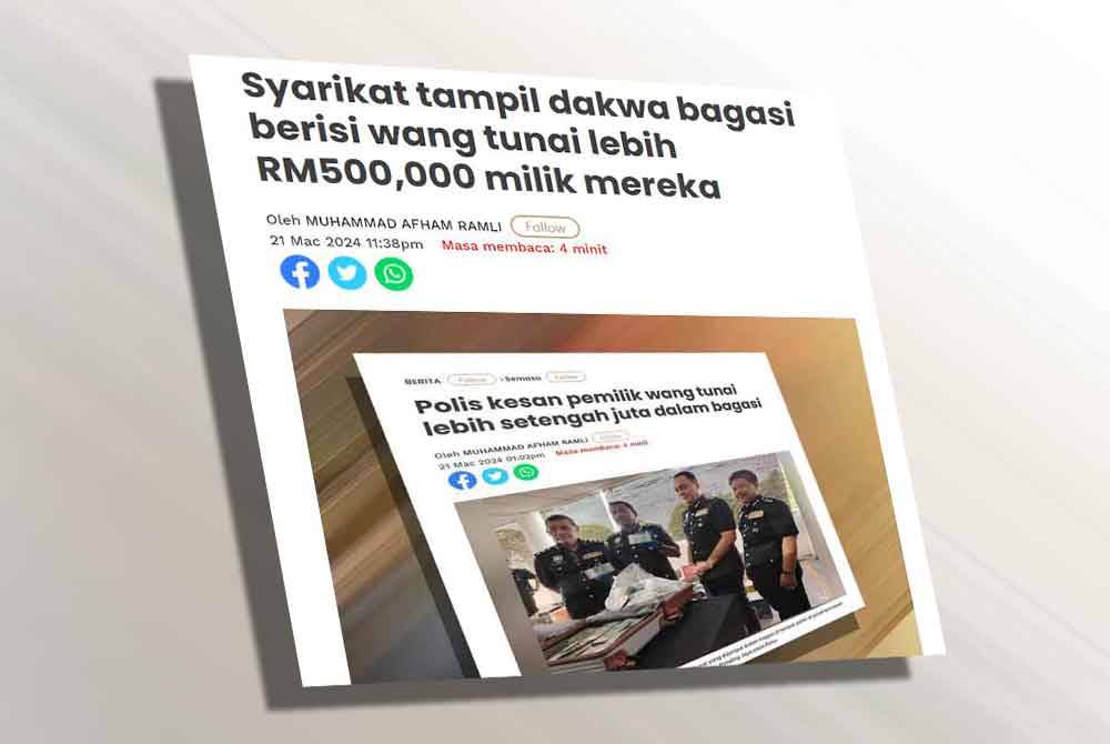 Media melaporkan seorang pengawal keselamatan menemukan sebuah bagasi berisi wang melebihi RM500,000 pada Rabu lepas.