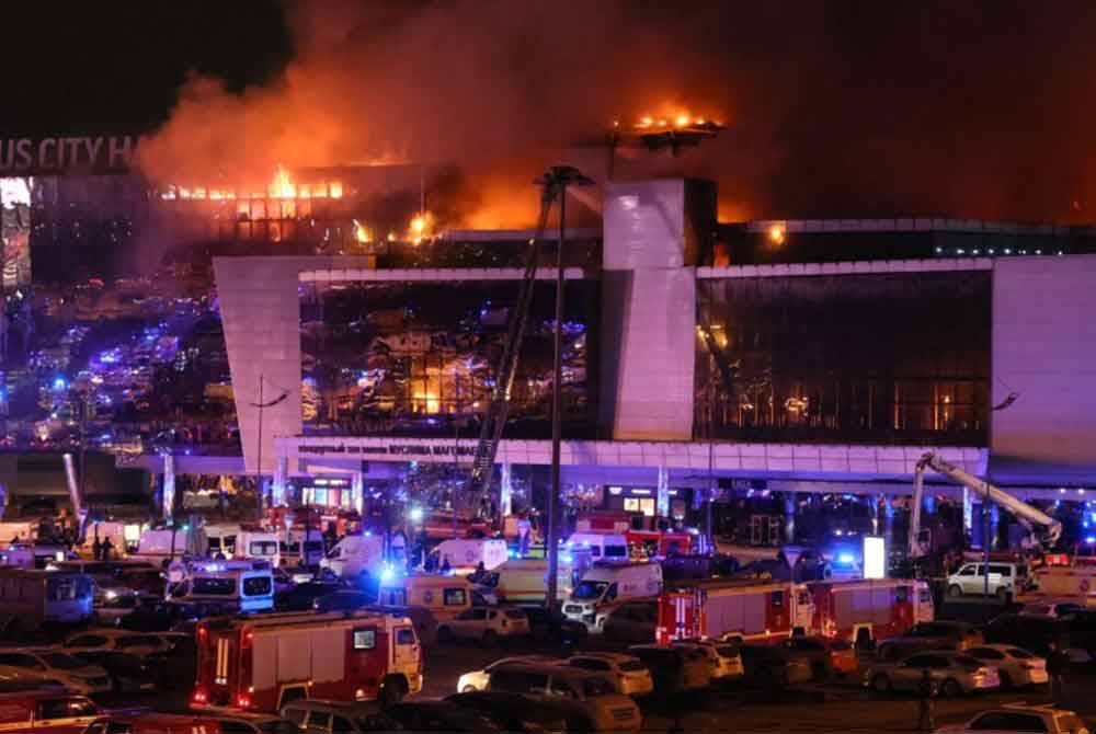 Serangan ganas ke atas Dewan Bandaraya Crocus, Moscow menyebabkan sekurang-kurangnya 60 maut dan lebih 145 mangsa cedera. Foto AFP