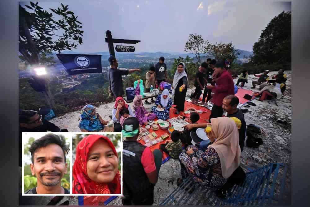 Setiap peserta membawa makanan sevara potluck untuk berbuka puasa di atas puncak Bukut Kepayang. Gambar kecil: Ahmad Nazrul, Salina