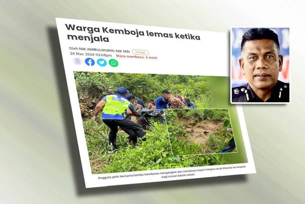 Seorang lelaki warga Kemboja yang dilaporkan hilang ketika menjala ikan bersama dua rakan di Sungai Mati, Tanjung Putus, Bukit Rangin dekat sini pada malam Sabtu ditemui lemas pada Ahad. Gambar kecil: Wan Mohd Zahari