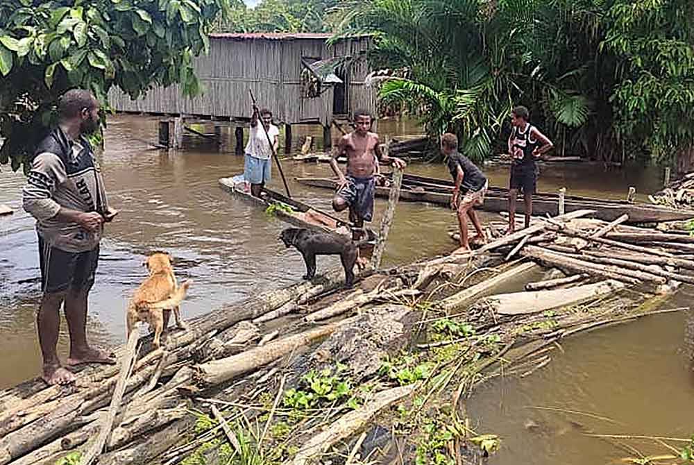 Penduduk tempatan berdiri di atas jambatan sementara di Kampung Angriman yang dilanda banjir di daerah Angoram, Sepik Timur, Papua New Guinea. Foto AFP