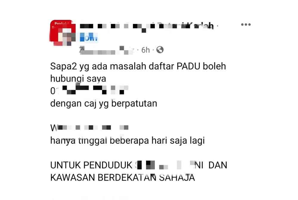 Antara iklan perkhidmatan pendaftaran PADU berbayar di laman sosial.