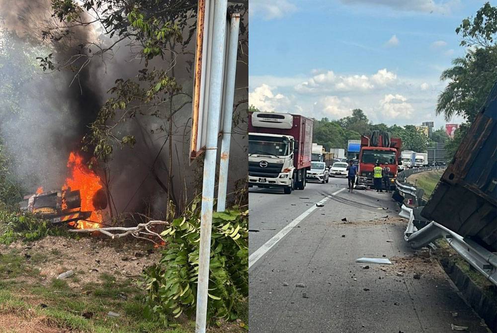 Seorang pemandu lori rentung selepas terlibat nahas membabitkan dua treler di kilometer 255, Lebuhraya Utara-Selatan (arah Utara) pada petang Rabu. - Foto: Bomba