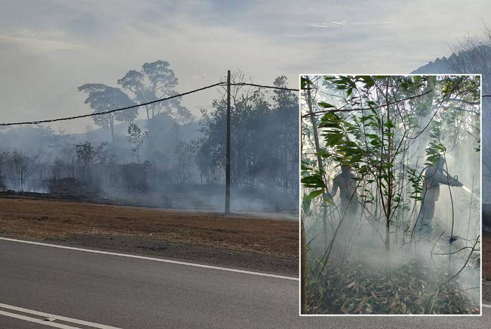 Sepasukan anggota bomba menggunakan kaedah &#039;fire break&#039; dan aliran air daripada jentera untuk kawal kebakaran hutan di tepi jalan JRTB di Gerik. Foto: Bomba Perak