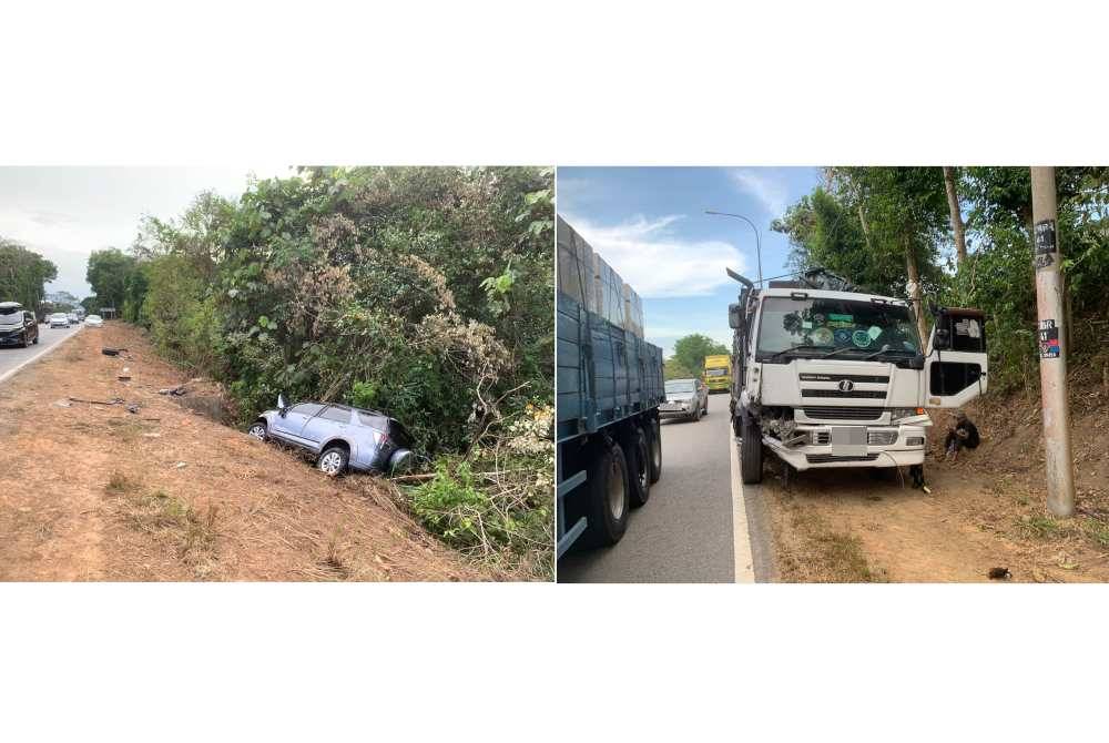 Keadaan SUV selepas melanggar sebuah lori di Kilometer 4, Jalan Kota Tinggi-Kulai, Kota Tinggi pada Khamis.