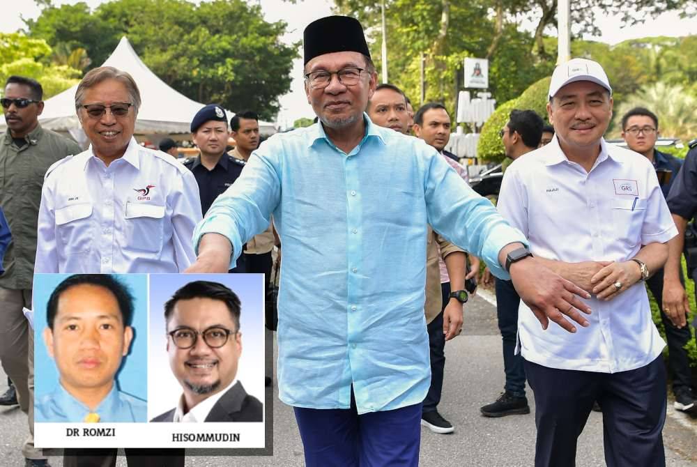 Hajiji (kanan) dijangka kekal sebagai Ketua Menteri Sabah kerana mendapat sokongan Kerajaan Perpaduan di Putrajaya termasuk Perdana Menteri, Datuk Seri Anwar Ibrahim (tengah). (Gambar kecil: Romzi, Hisommudin)