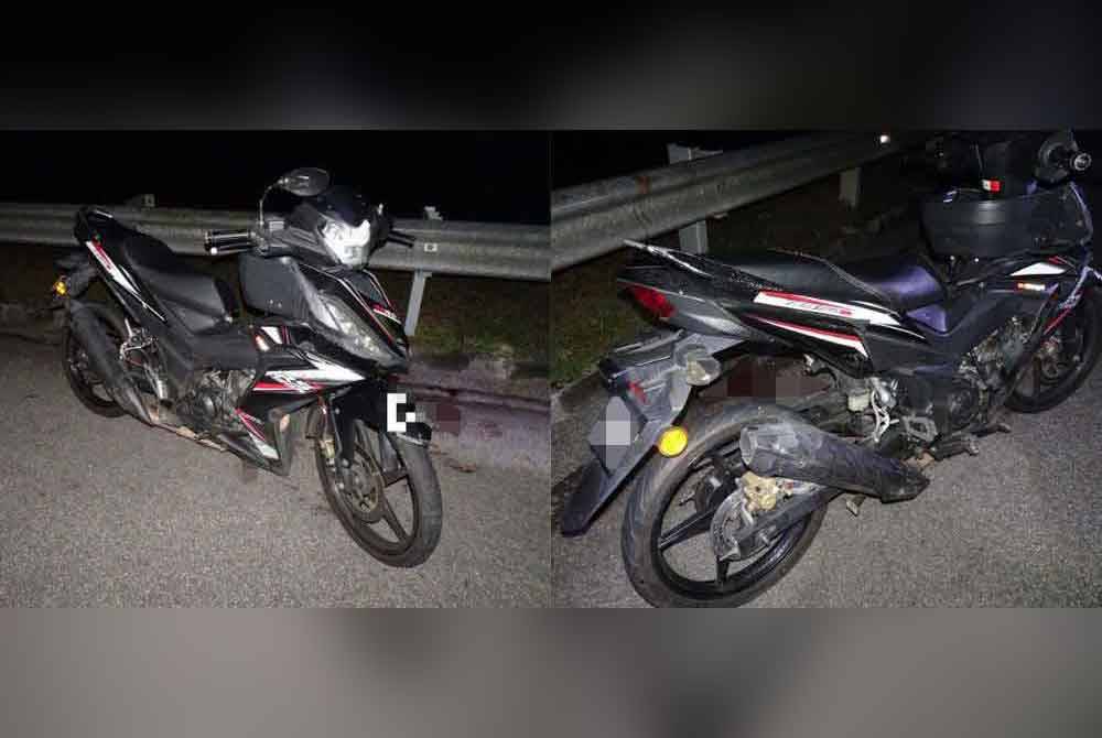 Keadaan motosikal mangsa selepas terbabit kemalangan di KM14.1 Lebuhraya Seremban-Port Dickson arah Seremban pada Ahad.