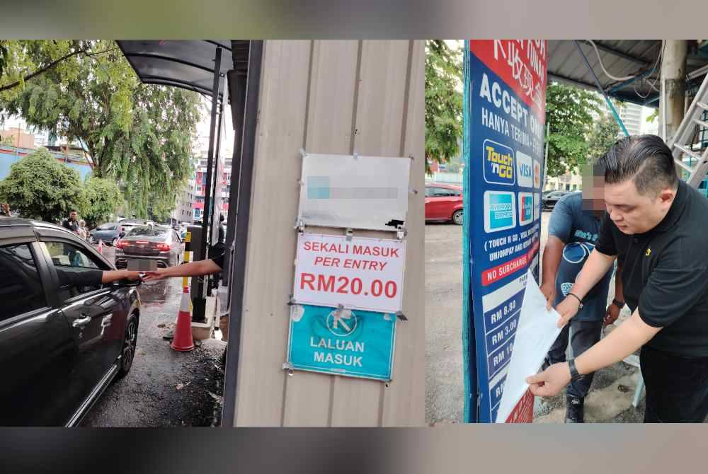 Salah satu kawasan parkir yang dikatakan mengenakan caj RM20 kepada pengunjung. Ariffin menunjukkan tampalan pelekat baharu yang memaparkan caj parkir terkini di salah satu tempat di sekitar Jalan Tuanku Abdul Rahman, Kuala Lumpur.