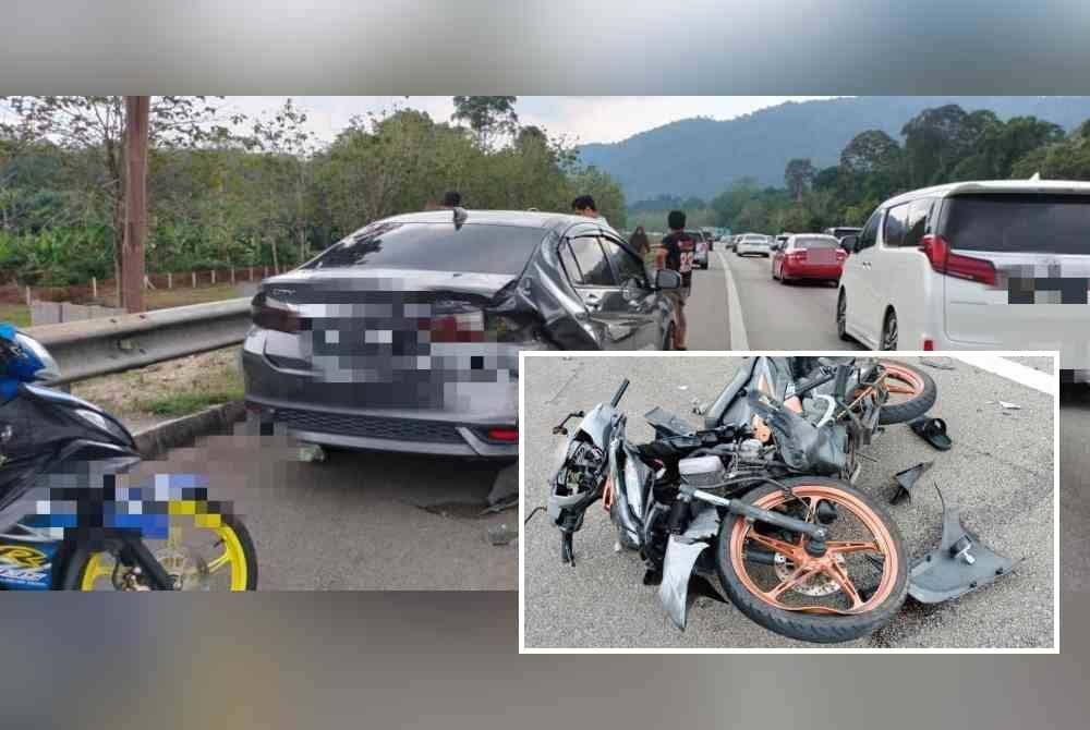 Penunggang motosikal maut selepas merempuh sebuah kereta berhenti di lorong kecemasan di Kilometer 116.9, Lebuhraya Utara-Selatan, arah utara, pada Ahad. Foto ihsan PDRM