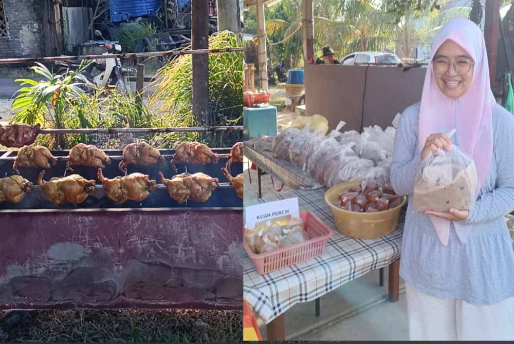 Ayam golek yang sedang dibakar. Laiyyina Safuraa menunjukkan ayam golek yang siap dibungkus