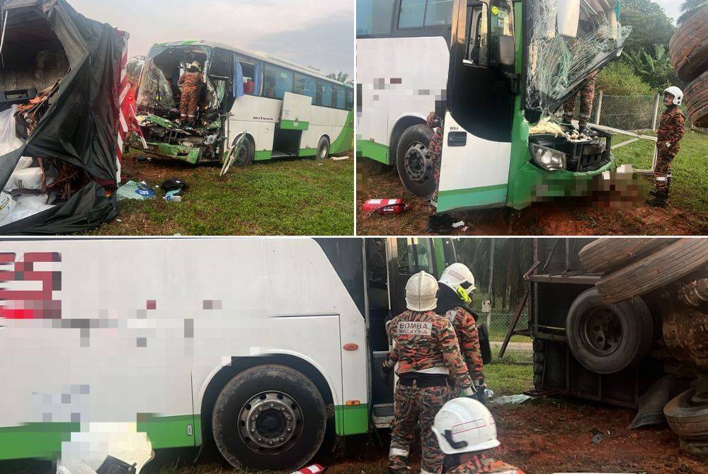 Sebuah bas persiaran terbabit nahas di Kilometer 36.6 Lebuhraya Utara Selatan, arah selatan, pada pagi Rabu. - Foto JBPM Johor