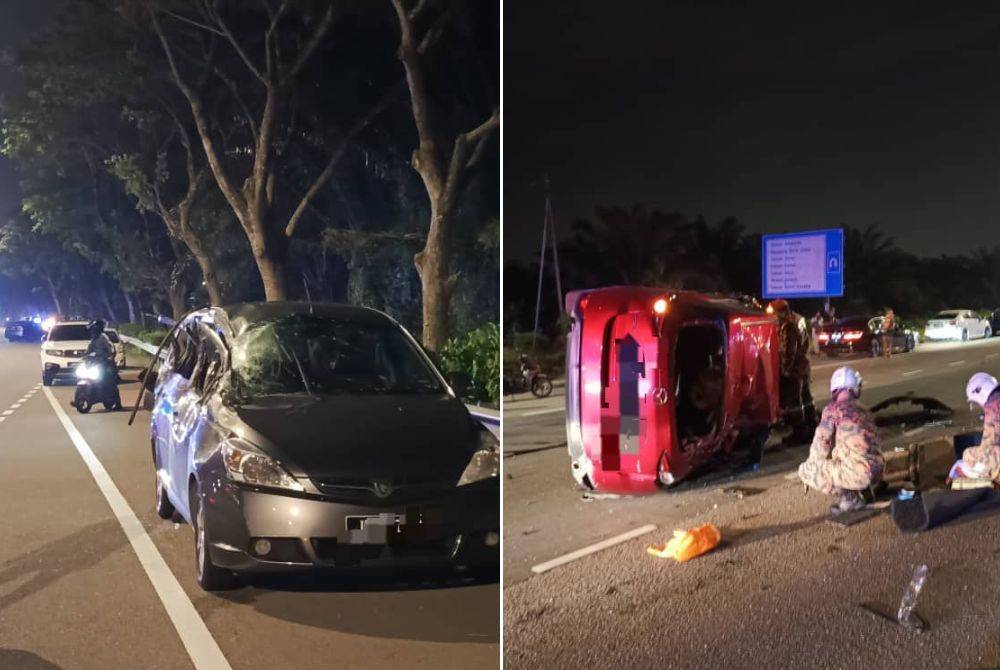 Keadaan MPV Exora dalam kemalangan tersebut - foto BBP Kulai (kiri), dan keadaan dua kenderaan yang terbabit dalam kemalangan di Taman Aman, Senai di Kulai pada awal pagi Rabu. BBP Kulai