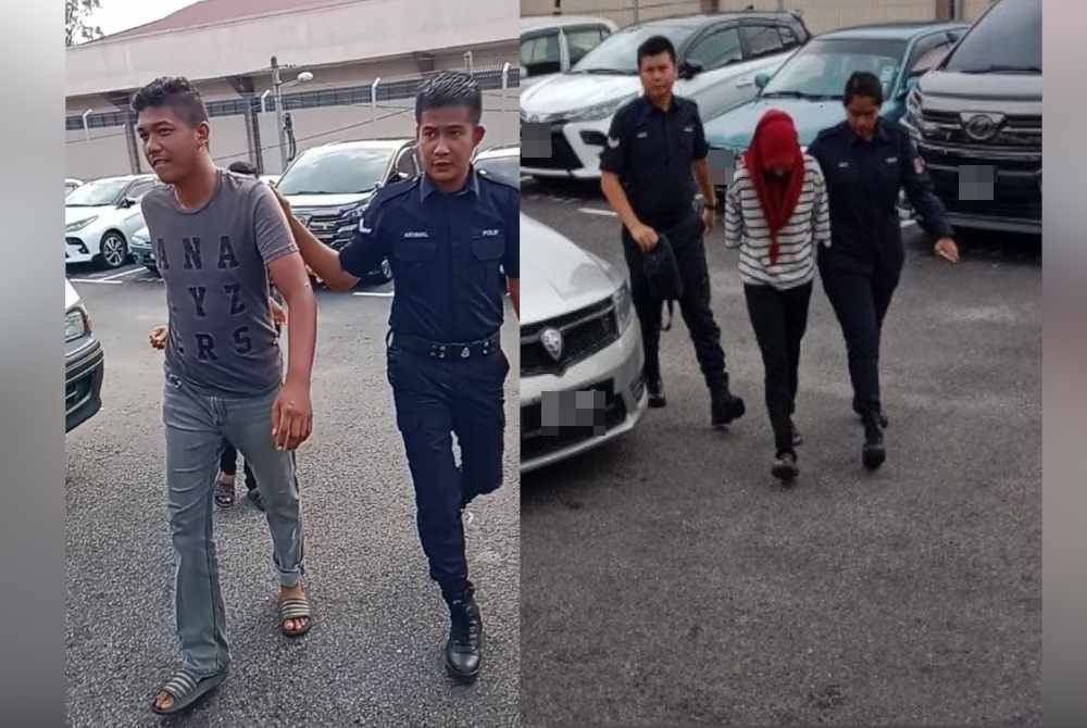 Muhammad Firdaus dan Siti Salasiah tiba di pekarangan mahkamah diiringi anggota polis. 