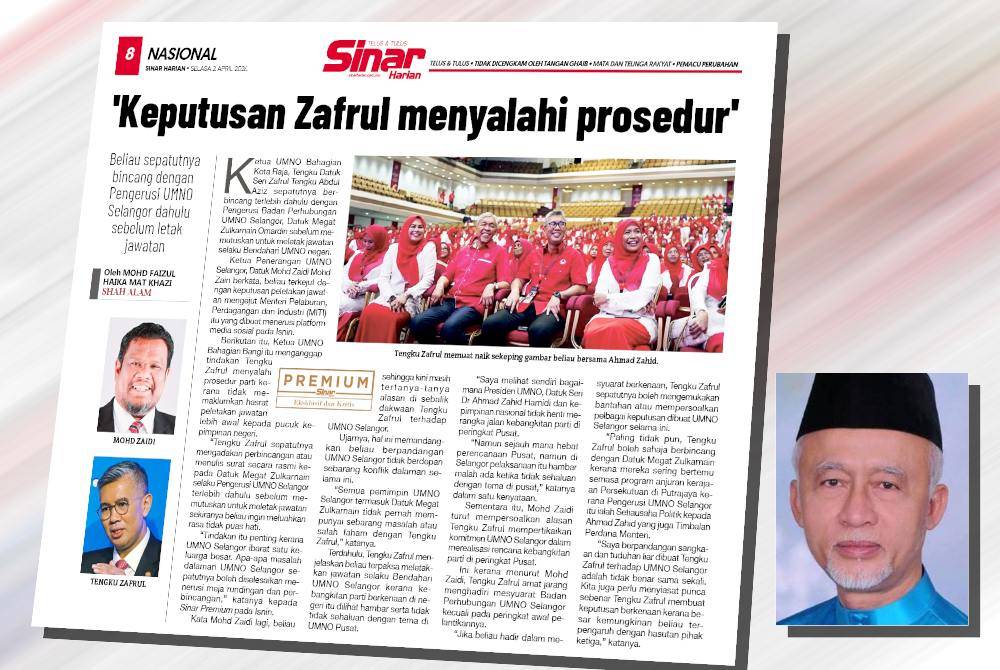 Keratan akhbar Sinar Harian memaparkan berita peletakan jawatan Tengku Zafrul sebagai Bendahari UMNO Selangor (Gambar kecil: Mustapha)