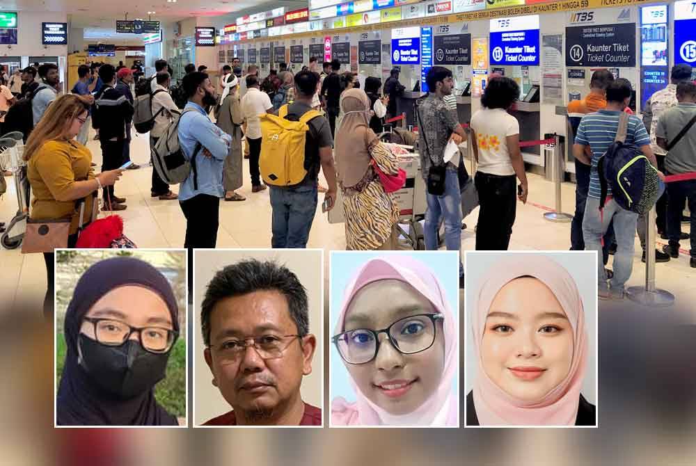 Orang ramai sedang beratur bagi mendapatkan tiket untuk pulang ke kampung menjelang hari raya TBS. Foto hiasan, gambar kecil dari kiri: Nur Dini Athirah, Nazim, Khaleeda, Noorazizah