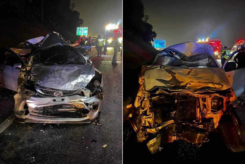 Keadaan kenderaan yang terlibat dalam kemalangan dekat Kilometer 452.8 arah selatan Lebuh Raya Utara-Selatan(PLUS) di sini pada Jumaat.