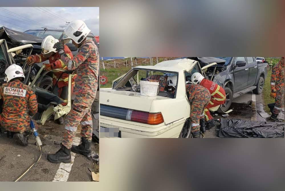 Pasukan bomba membantu mengeluarkan mangsa dalam kemalangan di Jalan Ladang Kiram Kunak-Tawau, Kunak pada Sabtu.