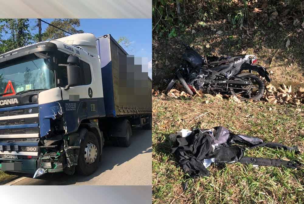 Setiba di lokasi, motosikal mangsa dipercayai hilang kawalan lalu masuk ke laluan bertentangan sebelum bertembung di bahagian lampu depan sebelah kiri treler jenis Scania.