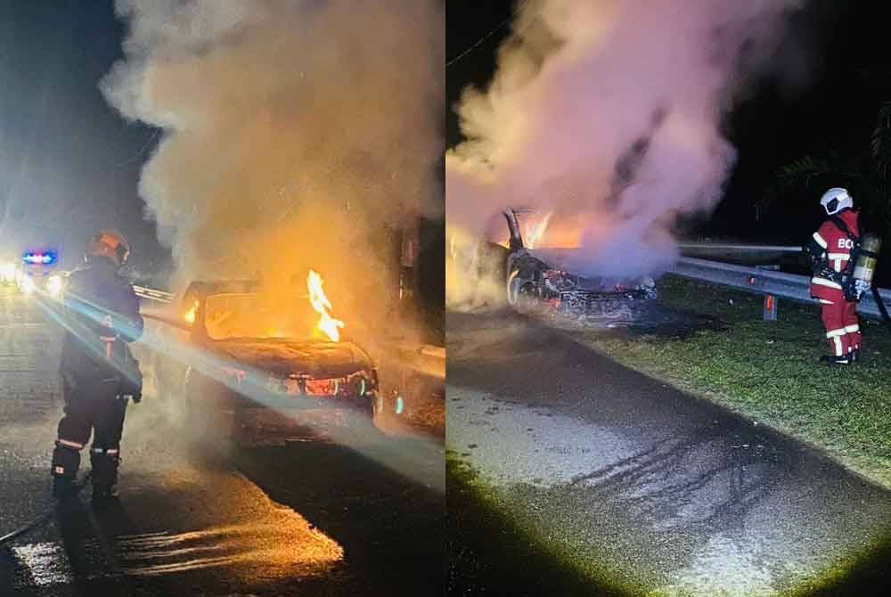 Seorang lelaki ditemukan rentung dalam kereta Proton Saga di Jalan Baru Renggam - Ulu Belitong berhampiran Simpang Tiga Felda Ulu Belitong, Kluang pada awal pagi Ahad. - Foto JBPM Johor