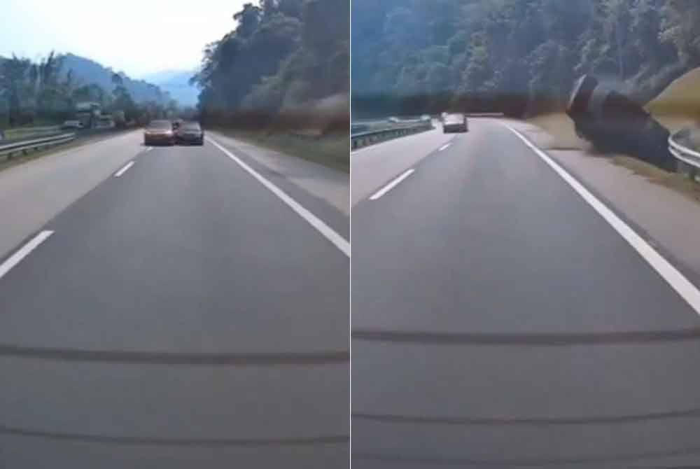 Tangkap layar video memaparkan kejadian melibatkan dua buah kenderaan sebelum salah sebuah darinya hilang kawalan serta terbabas dekat Kilometer 49.4 Lebuhraya Kuala Lumpur-Karak di sini pada Ahad.