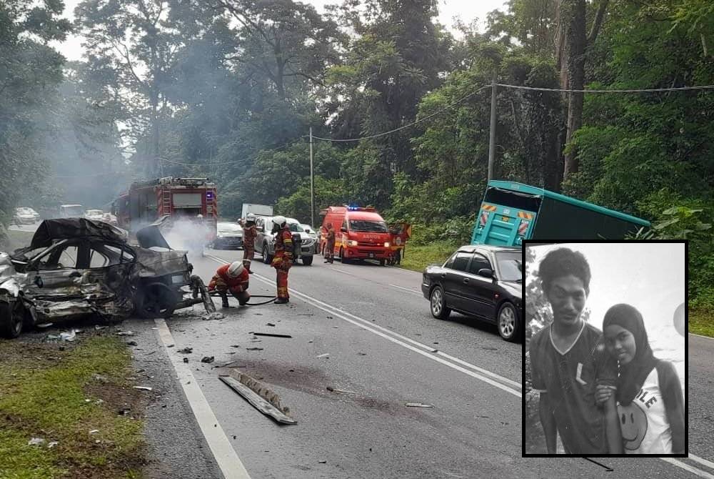 Keadaan kenderaan yang dinaiki mangsa selepas kejadian kemalangan membabitkan BMW dan lori di Jalan Seremban-Mantin dekat Bukit Mantin pada Isnin. Foto Bomba