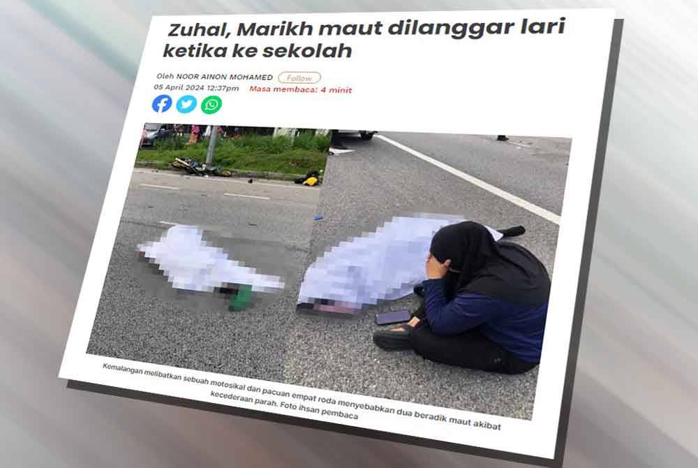 Sebelum ini Sinar Harian melaporkan dua beradik yang dalam perjalanan ke sekolah maut dalam nahas langgar lari di Kilometer 38.9 Jalan Ipoh-Kuala Kangsar berhampiran Taman Desa Salak Jaya di sini pada Jumaat.