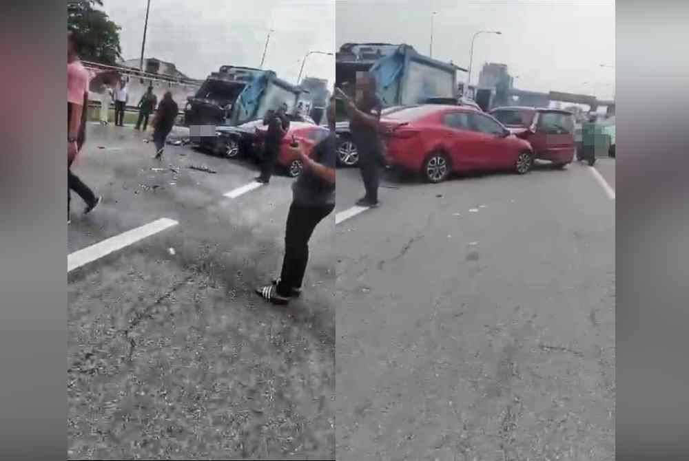 Tangkap layar video memaparkan beberapa kenderaan alami kerosakan setelah dirempuh lori sampah di persimpangan lampu isyarat dekat Lebuhraya Persekutuan dan Lebuhraya Shapadu pada Selasa.