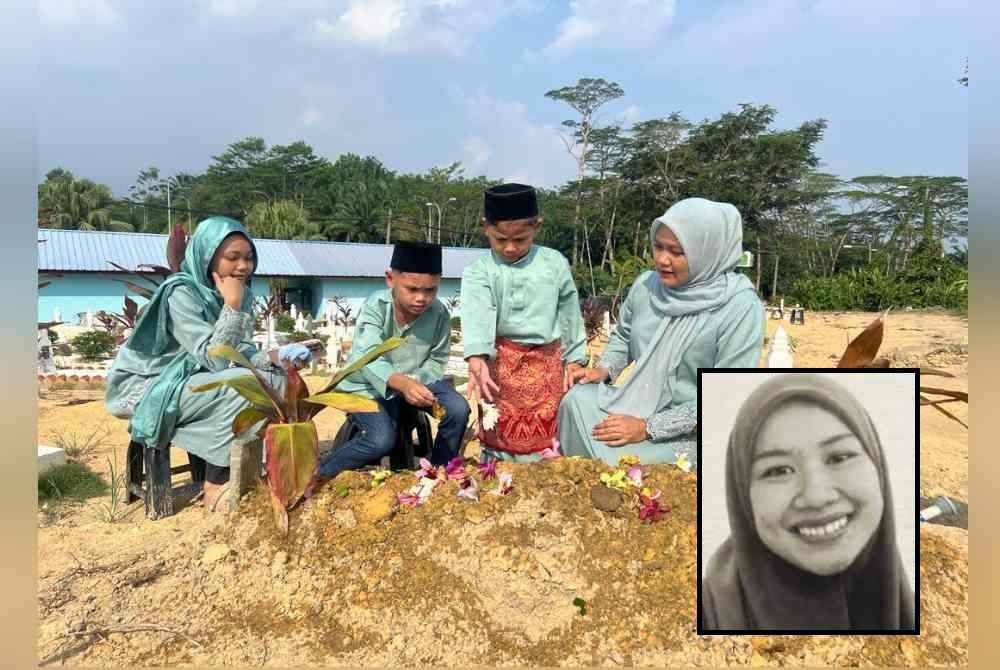 Ayu (kanan) bersama anak saudaranya, Eusuf (dua dari kanan) menziarahi pusara Mila Sharmila di Tanah Perkuburan Islam Banang Jaya Batu Pahat. Gambar kecil: Bella