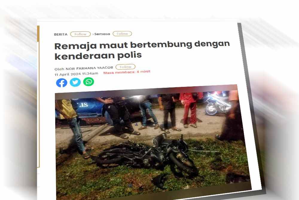 Insiden berlaku selepas motosikal ditunggang mangsa dikatakan bertembung sebuah pacuan empat roda polis yang melakukan rondaan mencegah lumba haram dalam kejadian awal pagi 1 Syawal.