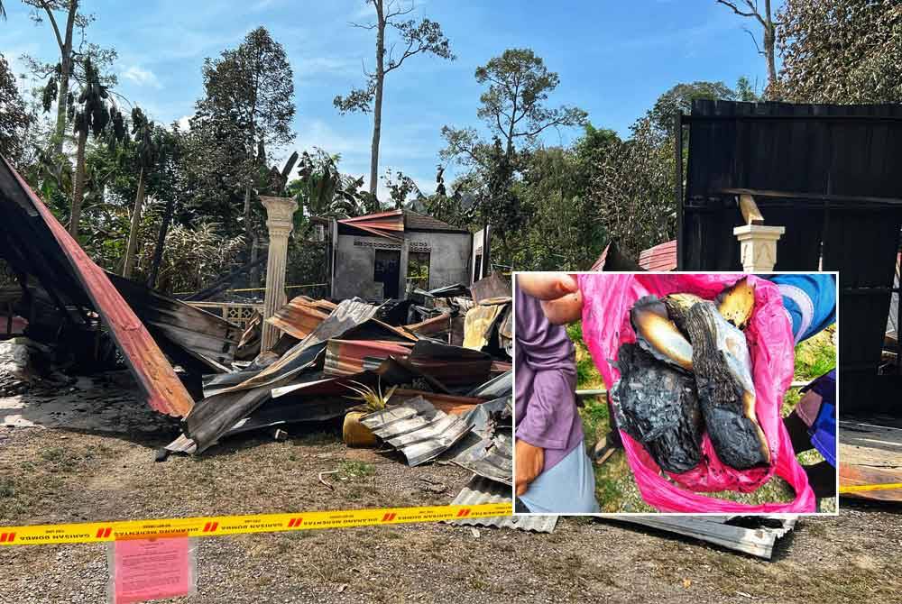 Keadaan rumah keluarga Faridah yang musnah akibat kebakaran di Kampung Damak pada Sabtu. Gambar kecil: Kepingan wang kertas yang hangus dalam kejadian itu.