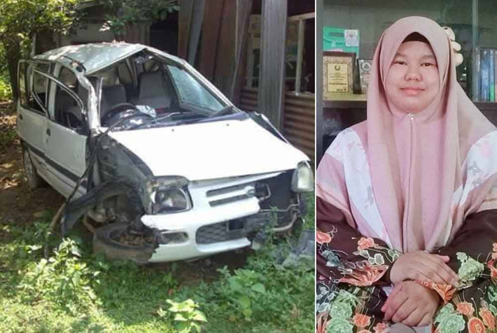 Kereta yang dipandu Normadiah mengalami kerosakan total kerana terbabas sehingga memasuki parit di Kampung Gajah, Perak. Gambar kanan: Normadiah