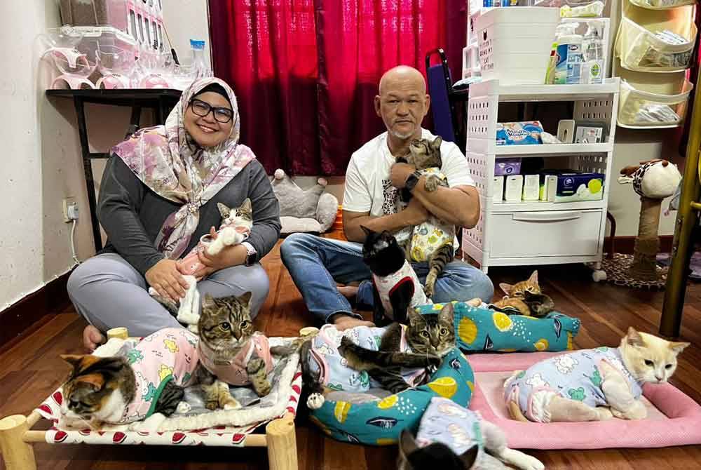 Nur Hanariawati dan suaminya, Mohd Baharim bersama kucing kurang upaya mereka.