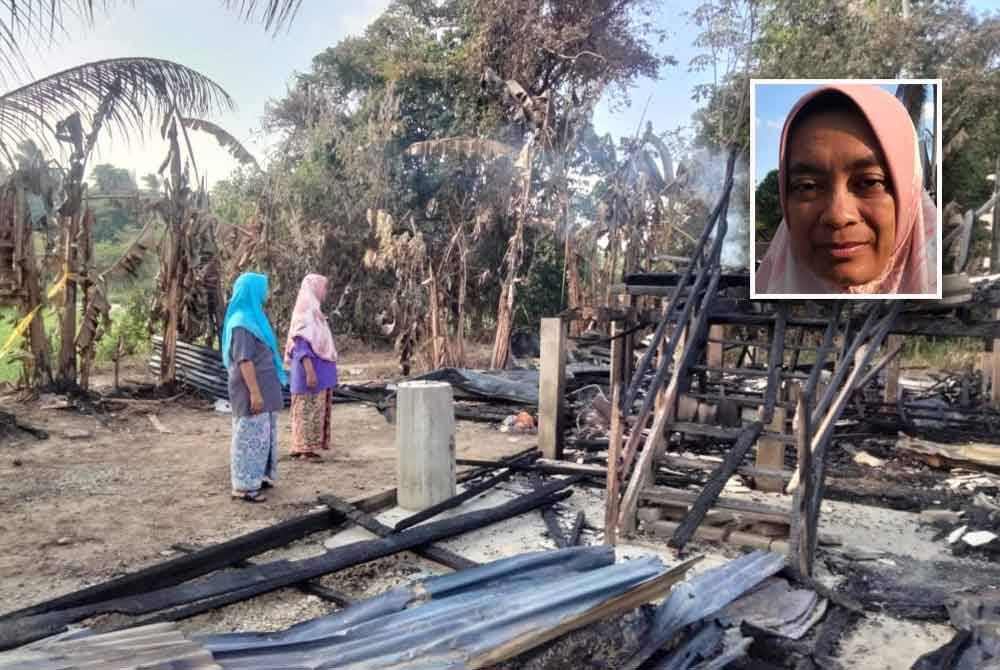 Keadaan rumah Rosniza dan Rosnani yang musnah dalam kebakaran di Kampung Baung. Gambar kecil: Rosniza